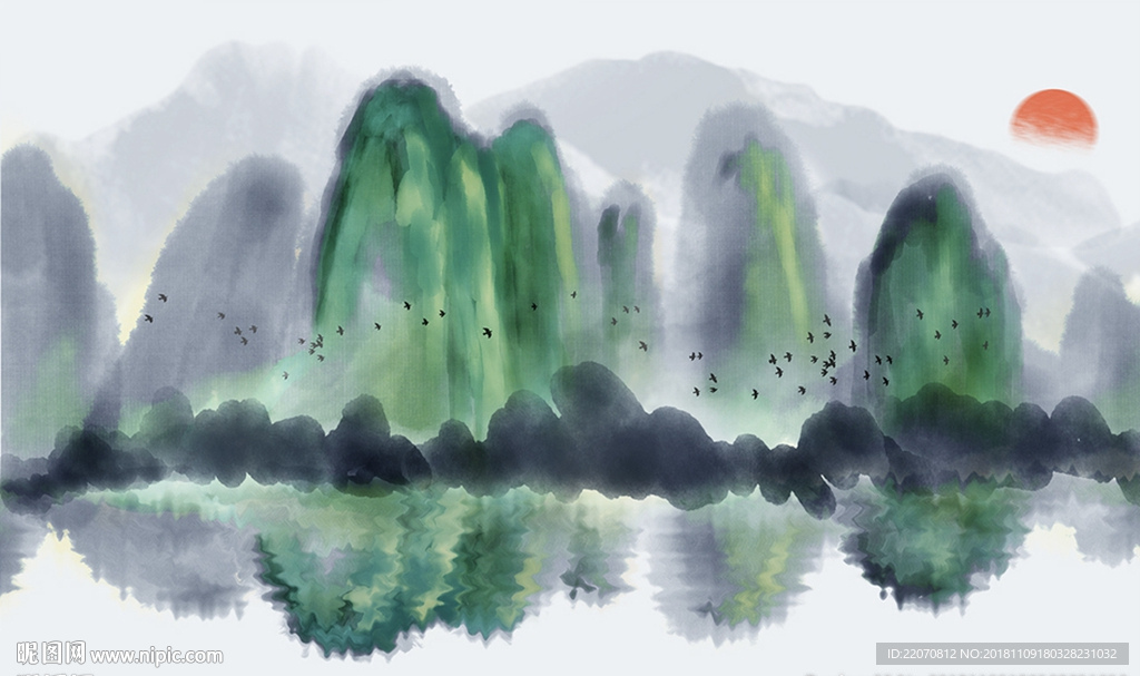 新中式绿色创意山峦背景墙