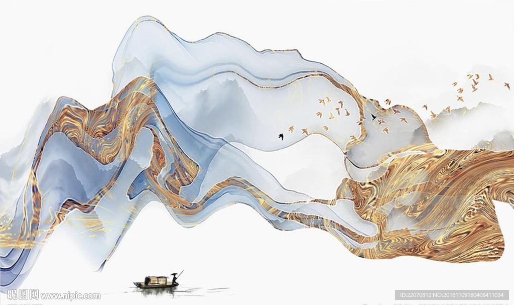 中式鎏金烟丝飞鸟抽象山水背景墙