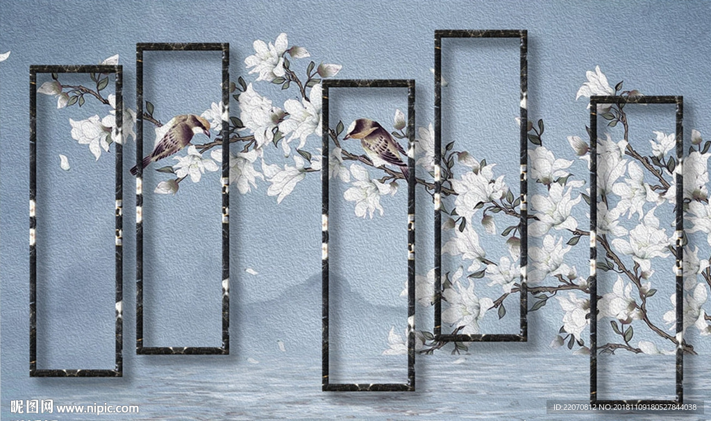 蓝色玉兰花花枝背景墙