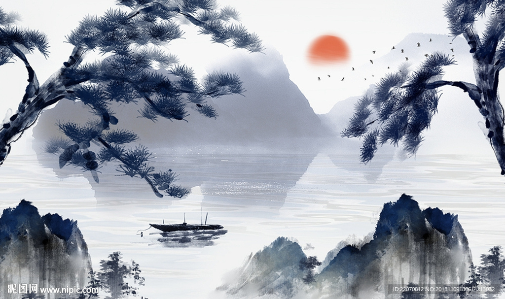 中式蓝色唯美山水风景画背景墙