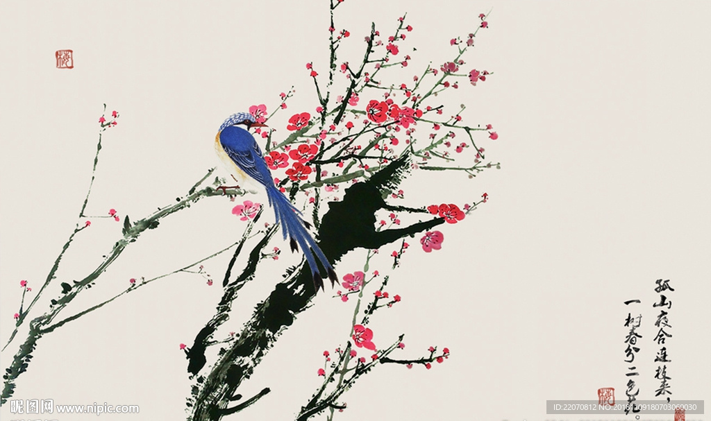新中式简约手绘花鸟梅花背景墙