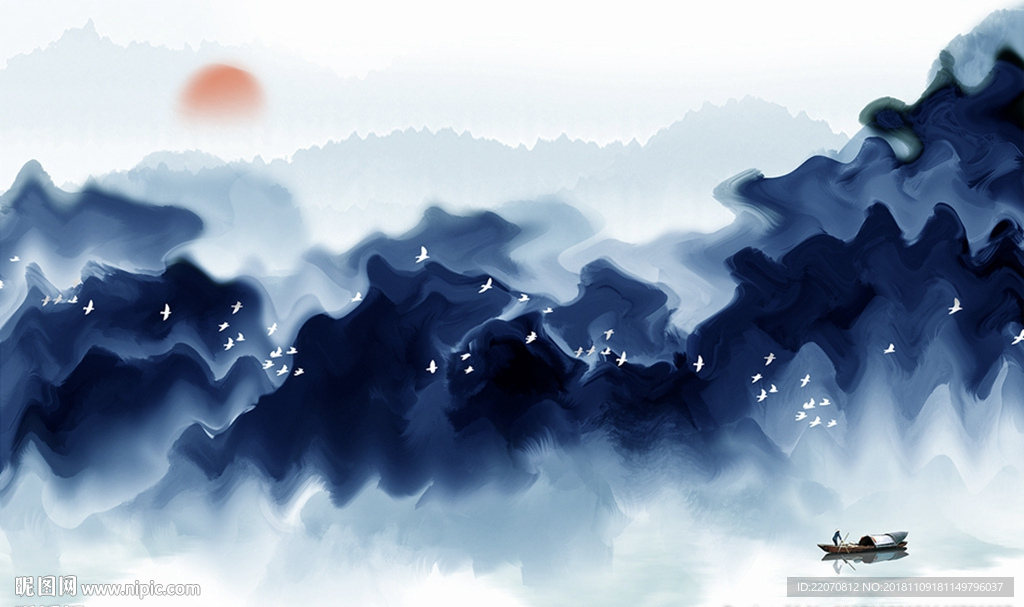 中式创意蓝色云雾山峦背景墙