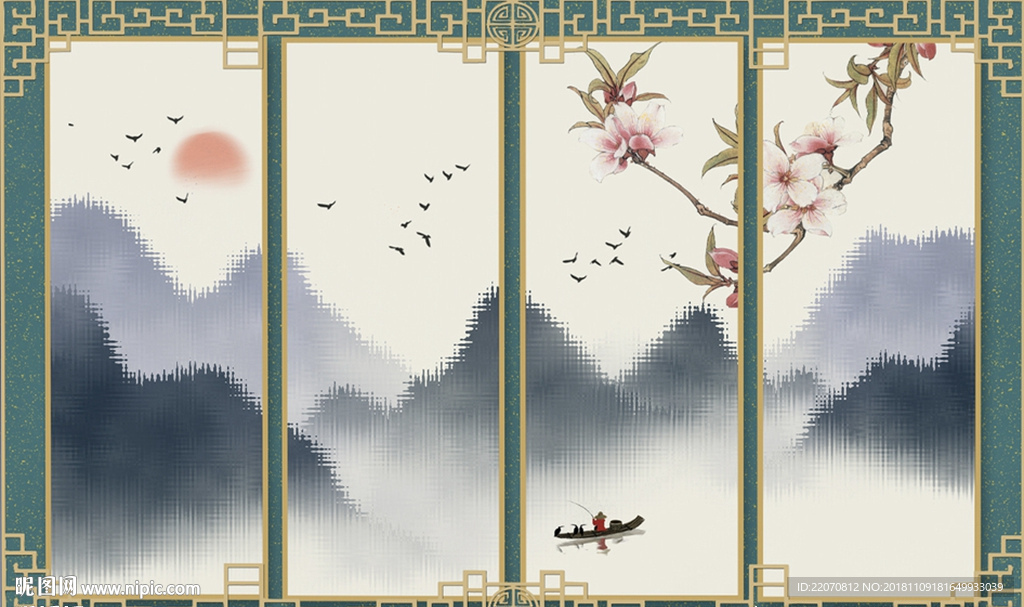 花枝水墨山水背景墙