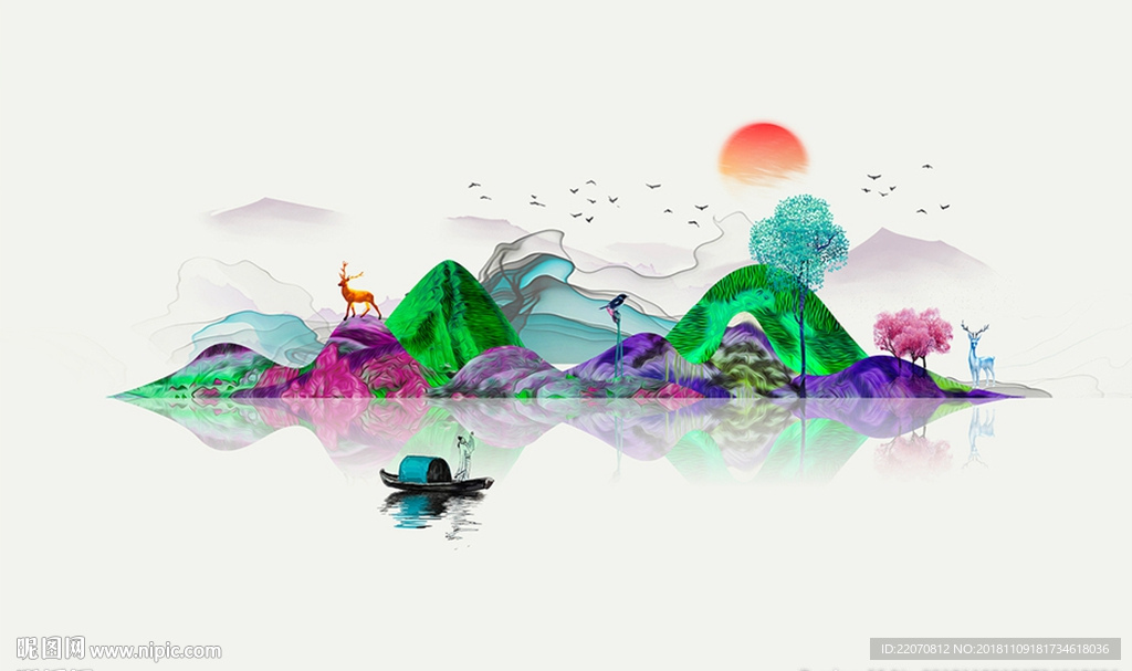 新中式彩色山水背景装饰画