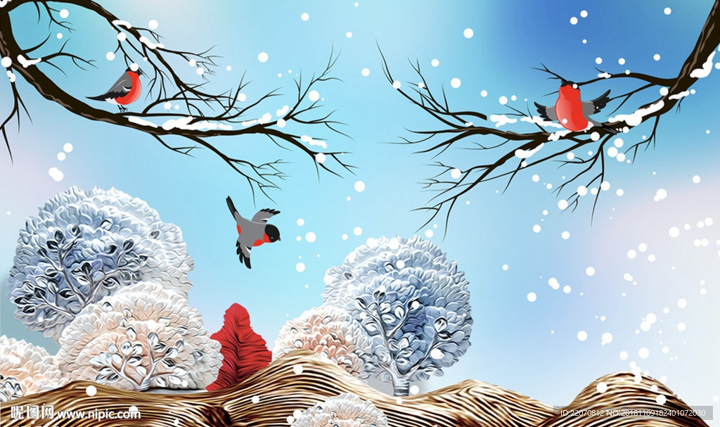 现代蓝色雪景简约背景墙