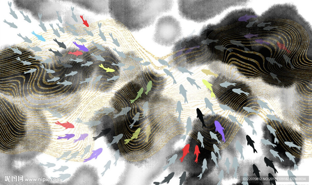 现代简约手绘抽象鱼背景墙