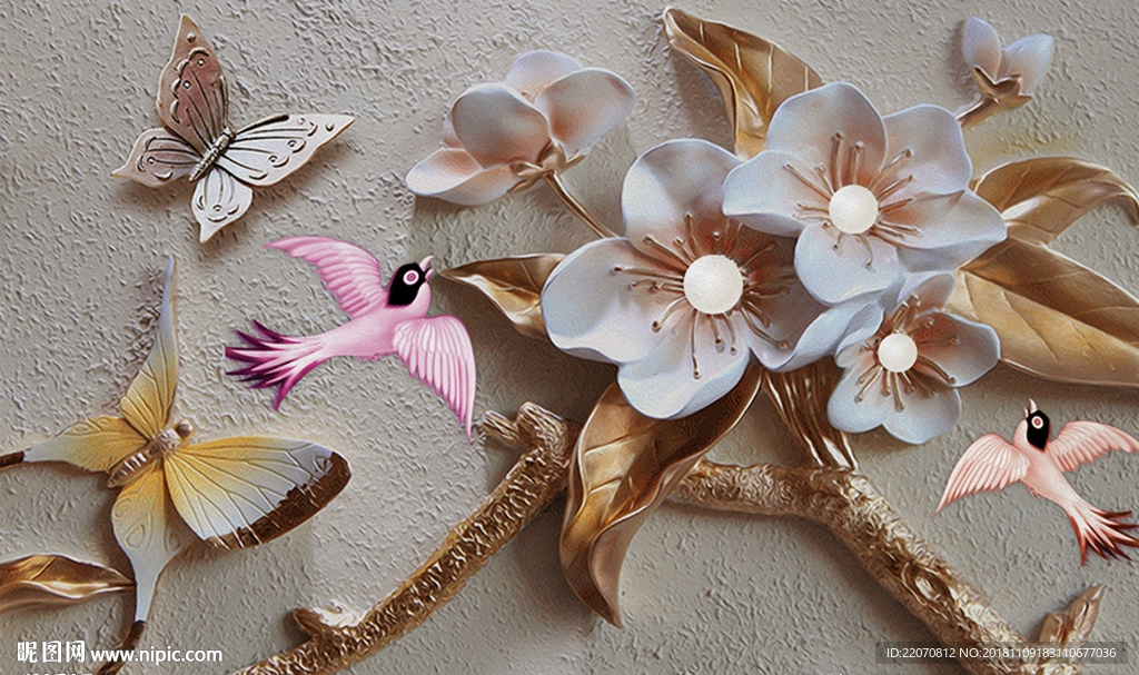 时尚浮雕花卉蝴蝶小鸟背景墙