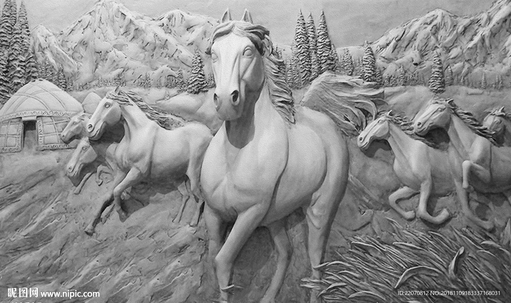 立体浮雕马到成功八骏图背景墙