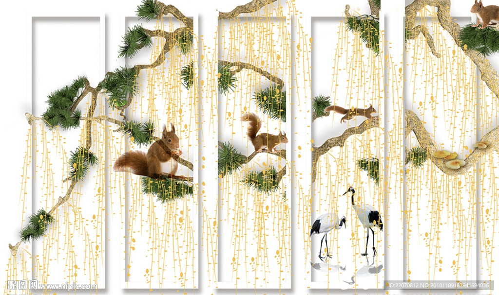 金丝古松枝松鼠白鹤背景墙