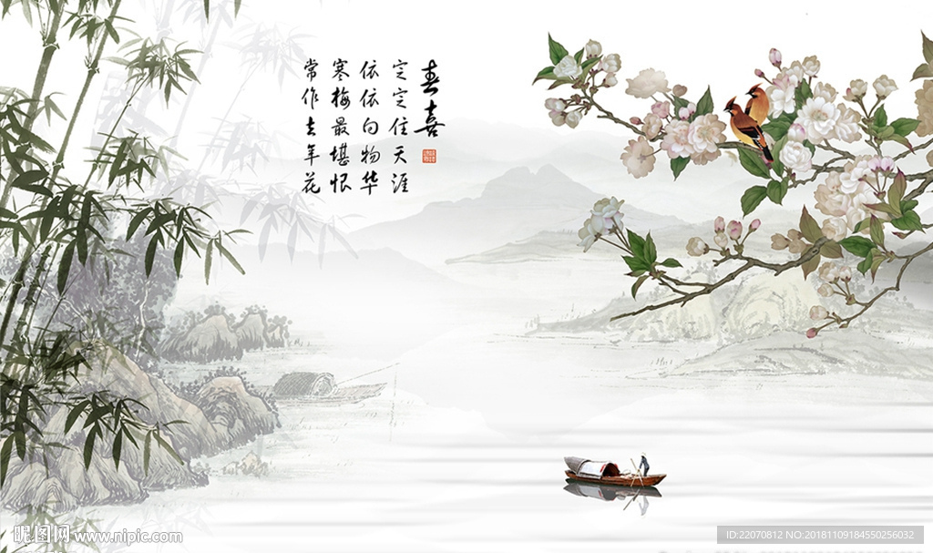 古式风景花卉背景墙