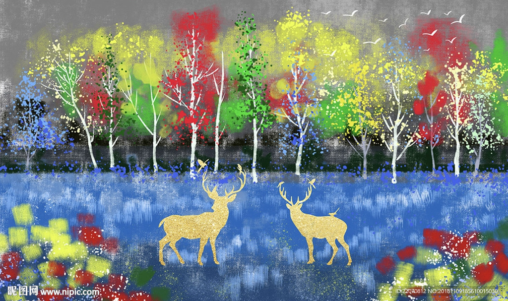 北欧森林麋鹿油画背景墙