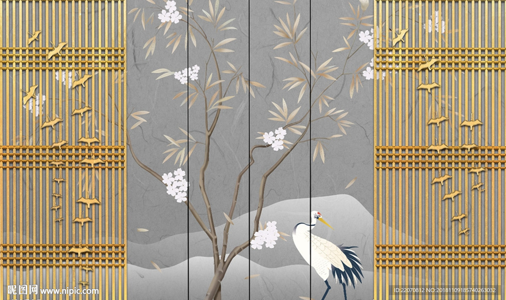 中式质感花卉花鸟山水背景墙