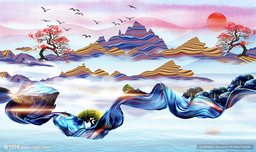 中式唯美抽象创意山水画背景墙