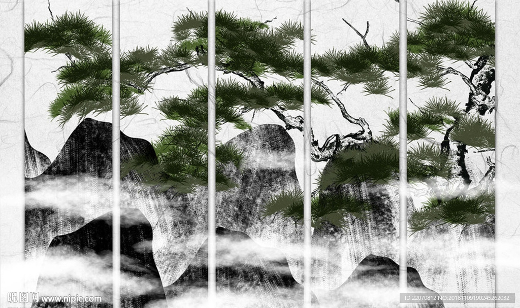 中式松树水墨山水背景墙