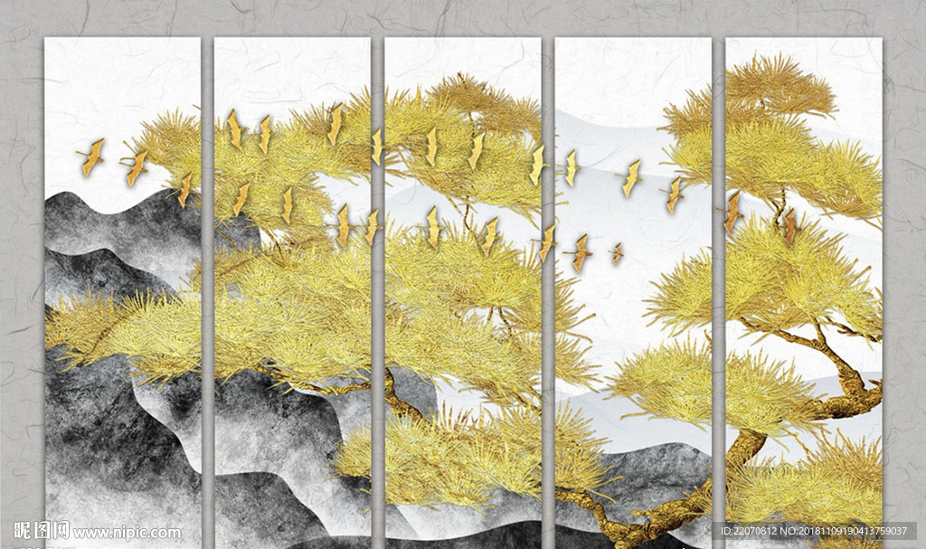 中式水墨山水质感松树飞鸟背景墙
