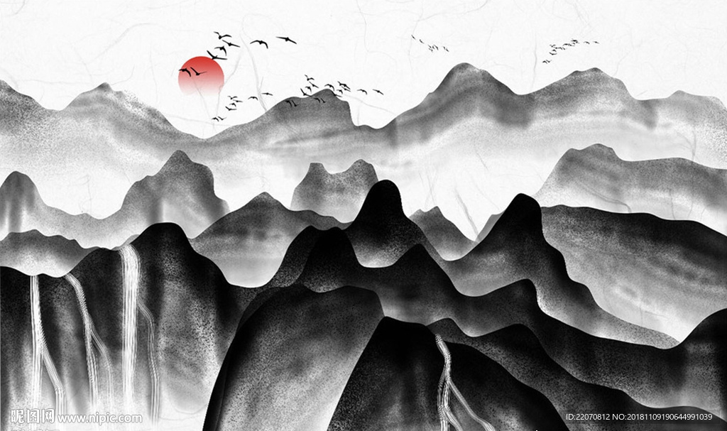 水墨高山流水意境山水背景墙