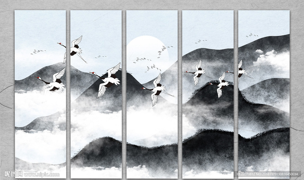 中式山水仙鹤意境风景背景墙