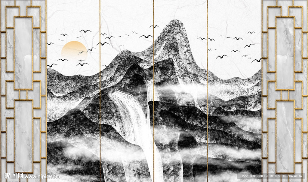 中式窗格水墨山水画背景墙