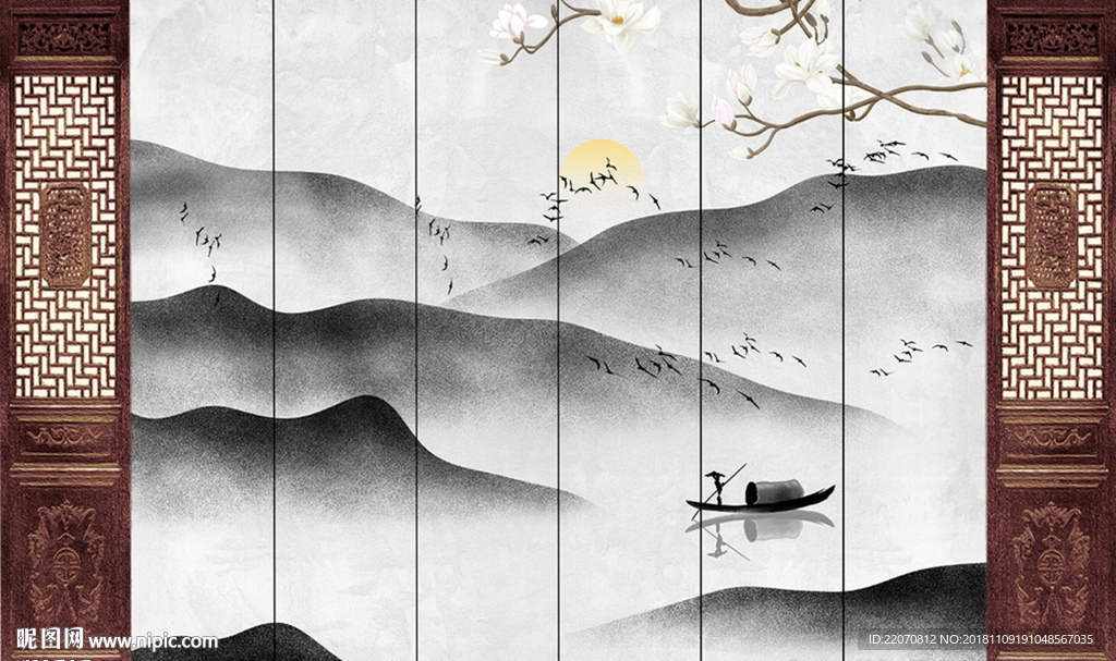 中式花卉山水画背景墙