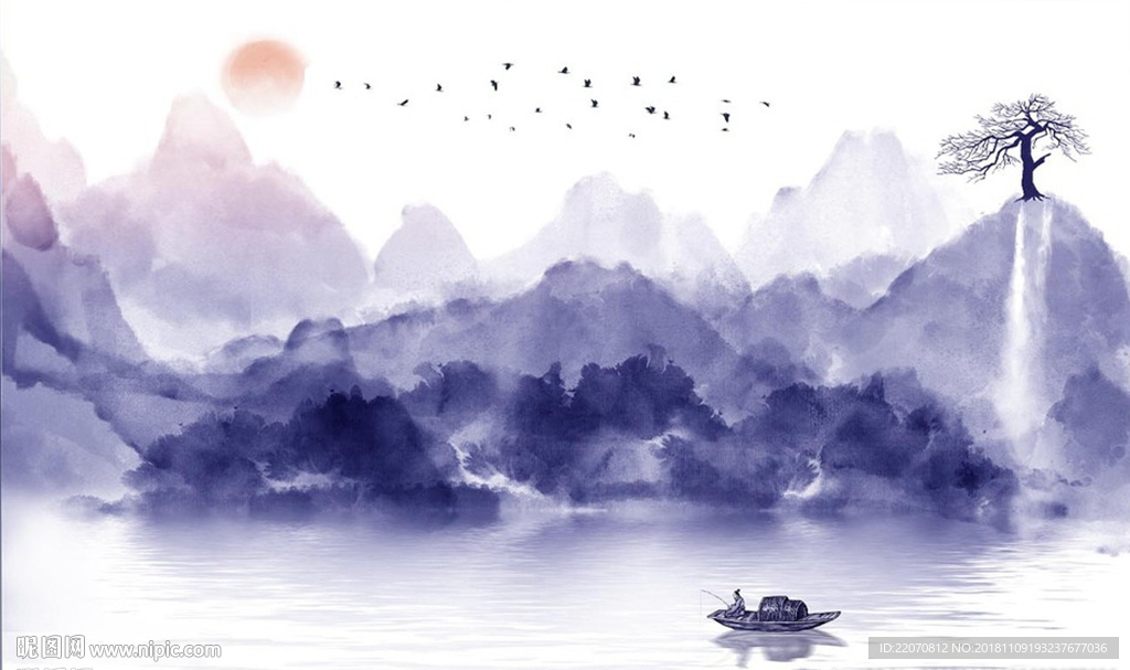 太阳飞鸟抽象山水背景墙