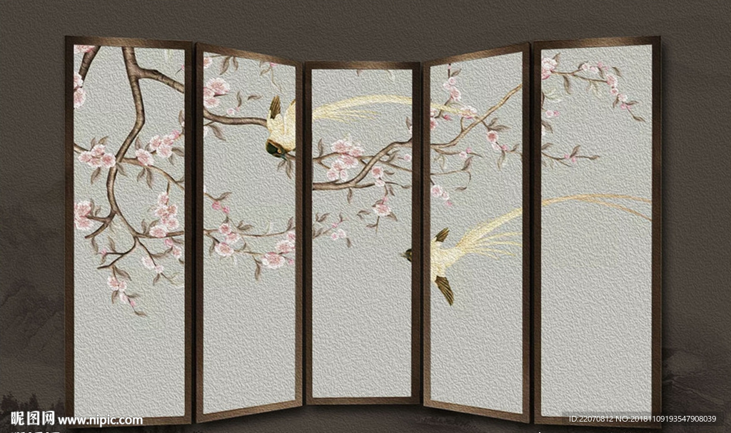 水墨山粉色花枝鸟背景墙