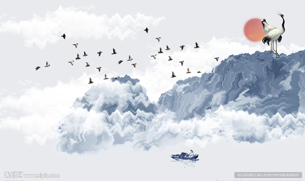 中式清新蓝色波纹山峦背景墙