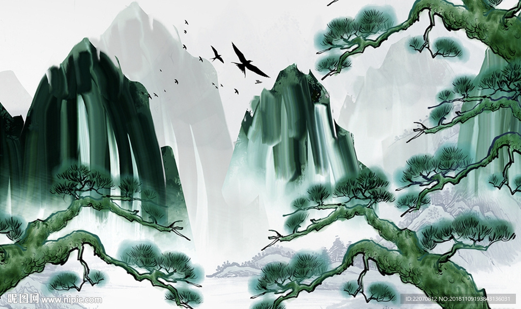 中式绿色山水松树装饰背景墙