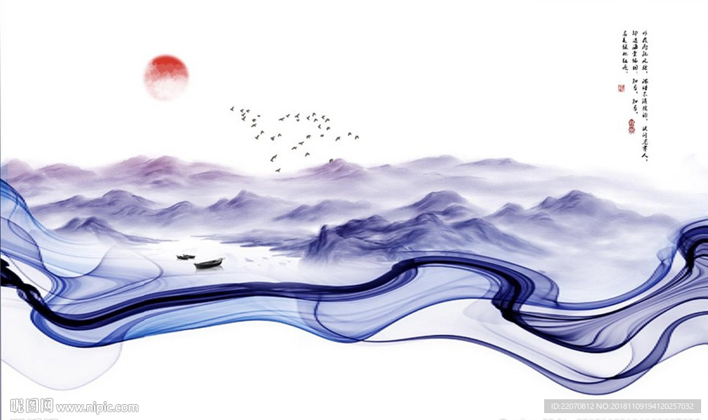 蓝色烟丝飞鸟抽象山水背景墙