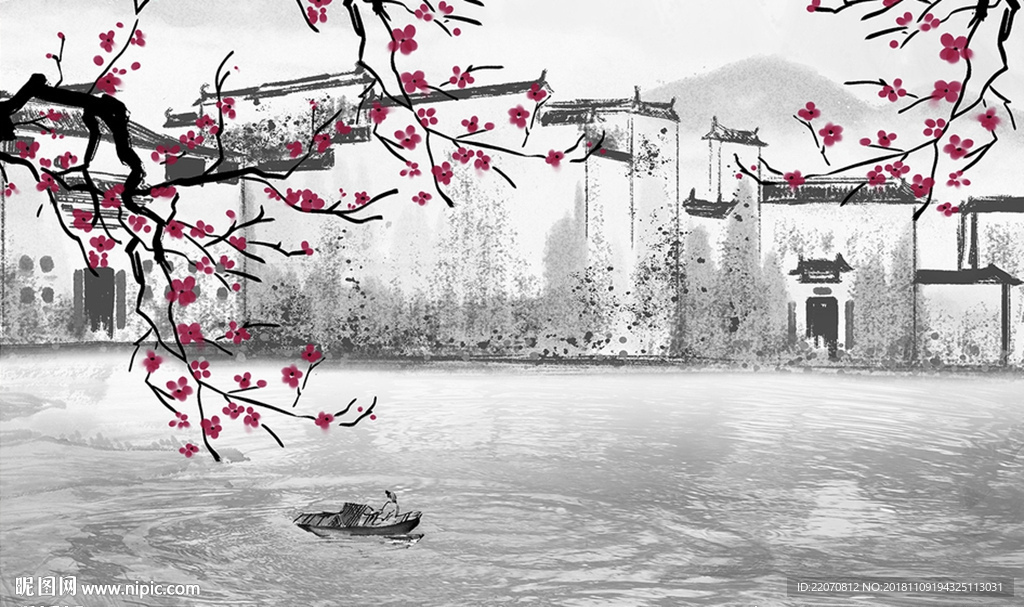 江南风景花枝湖水背景墙
