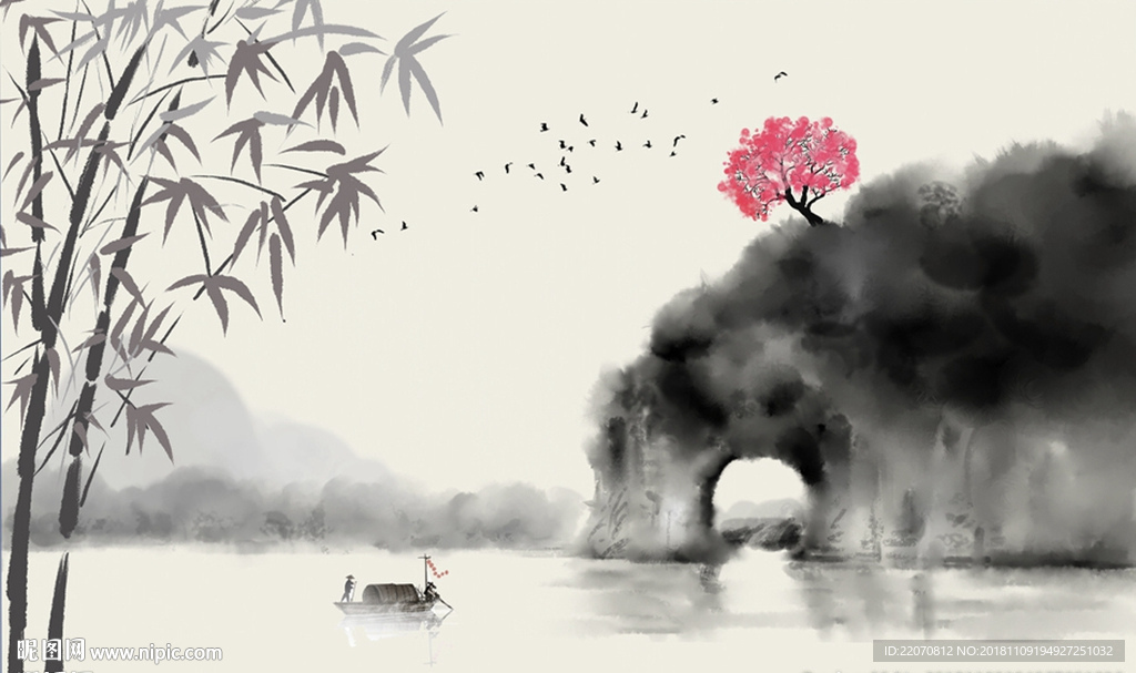 竹子意境水墨山水背景墙