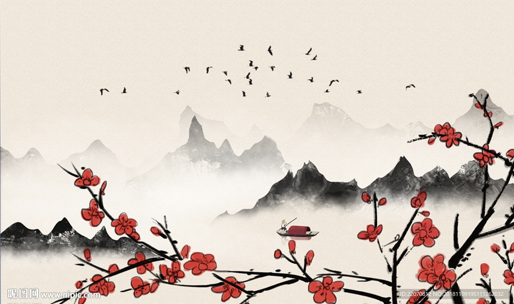 抽象梅花水墨山水背景墙