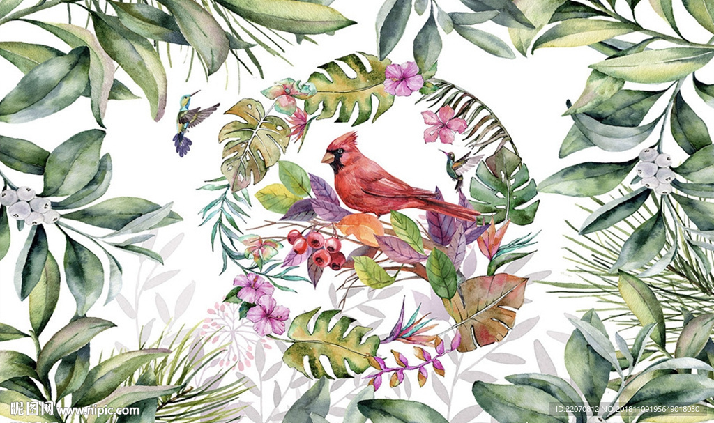 现代手绘花鸟植物背景墙