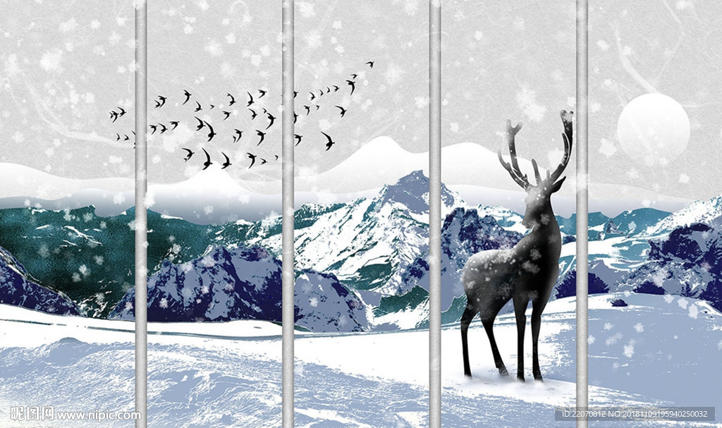 现代清新麋鹿山峰山水背景墙