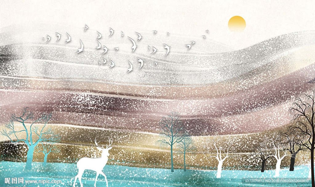 现代抽象质感山水麋鹿背景墙