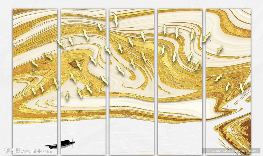 金色意境山水飞鸟背景墙