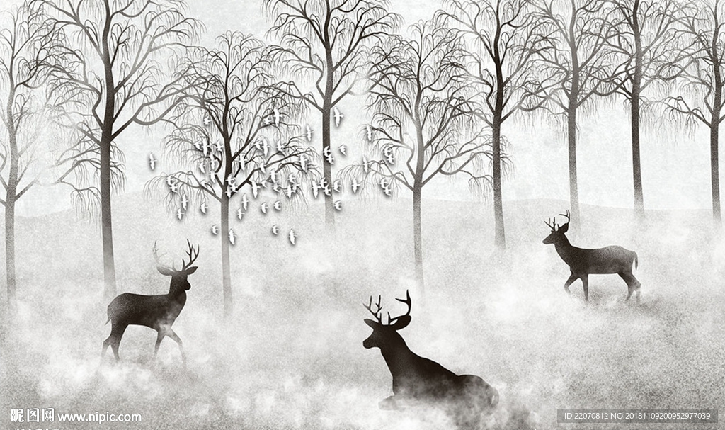 现代北欧风麋鹿丛林背景墙