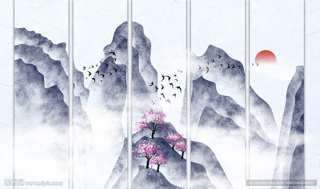 手绘山水山峰意境风景画背景墙