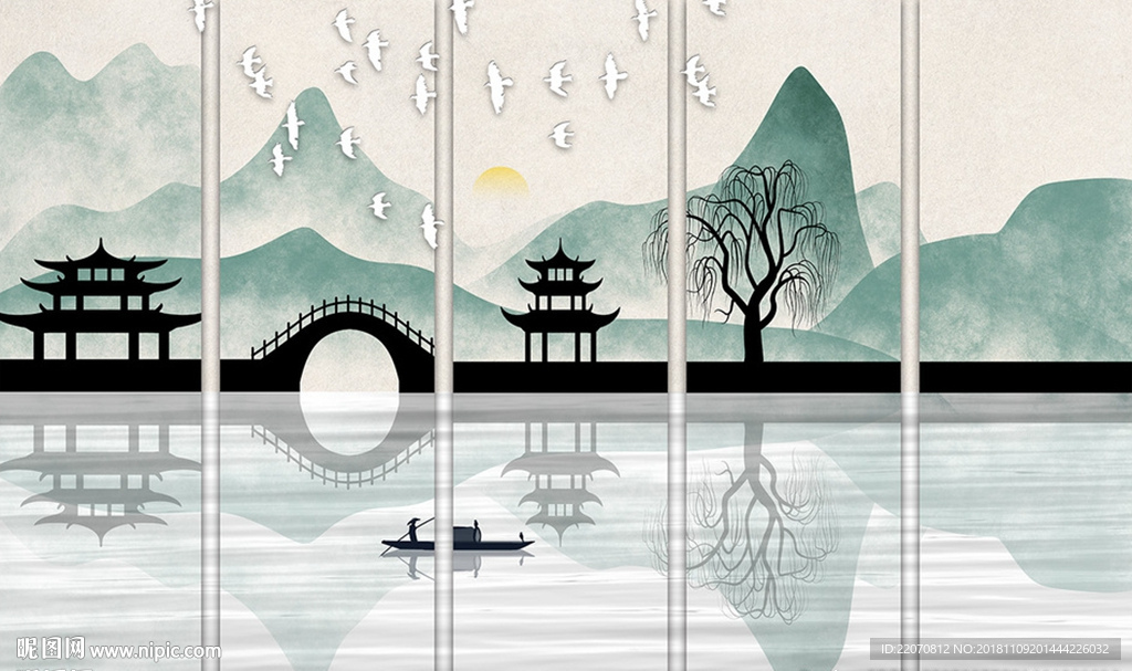 意境江南水乡山水背景墙