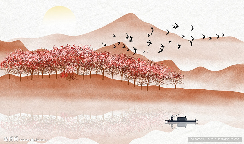 手绘山水树林风景背景墙