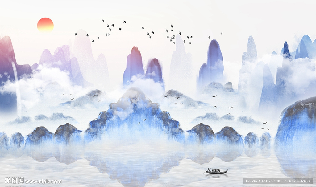 蓝色水墨山水风景背景墙