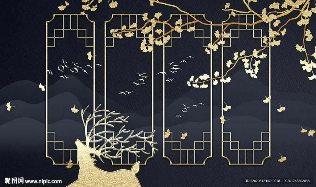 银杏花卉树木麋鹿背景墙