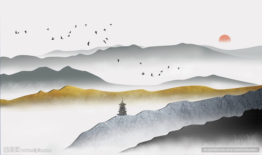 中式意境山水风景日出背景墙