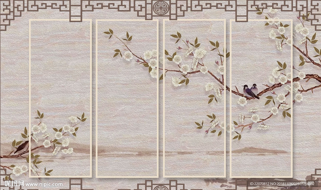 中式意境花枝喜鹊禅意背景墙