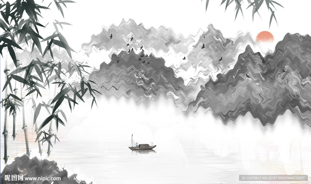 中式水墨山水竹子画背景墙