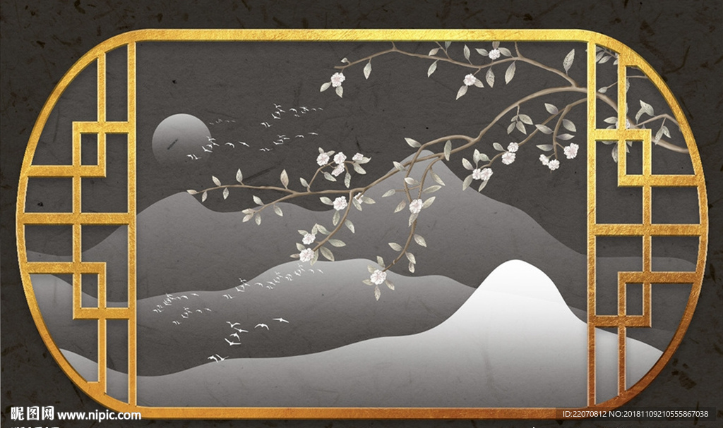 中国风山水花卉背景墙