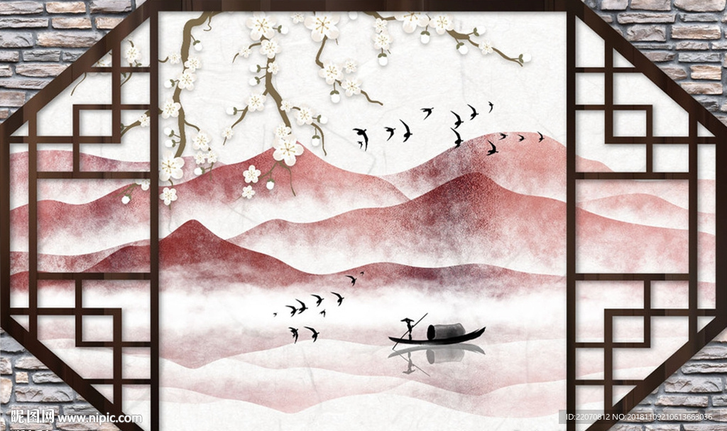 意境山水花卉背景墙