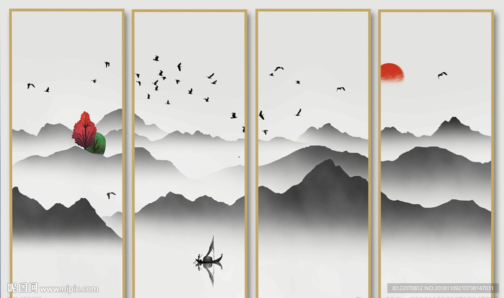 意境水墨山水飞鸟画背景墙