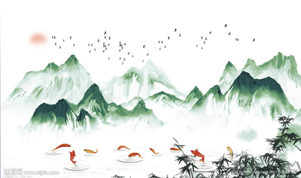 绿色水墨山水飞鸟背景墙