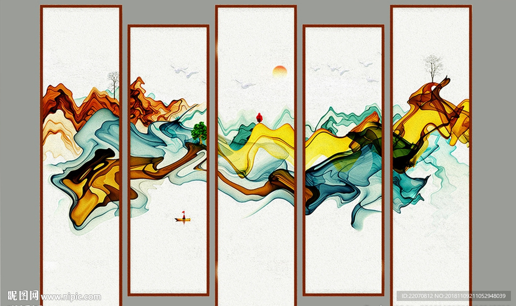 中式抽象炫彩山水背景墙