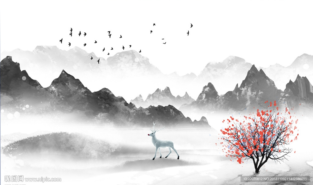 中式抽象水墨山水飞鸟画背景墙